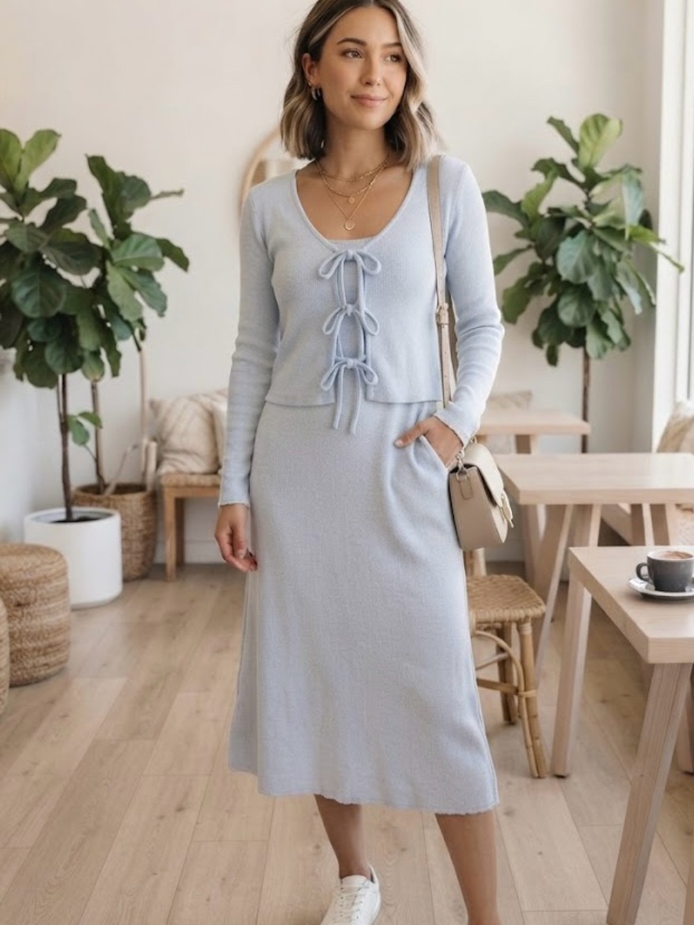 Jessica Simpson Baby Blue Ribbed Knit Two-Piece Crop Cardigan & Dress Set
